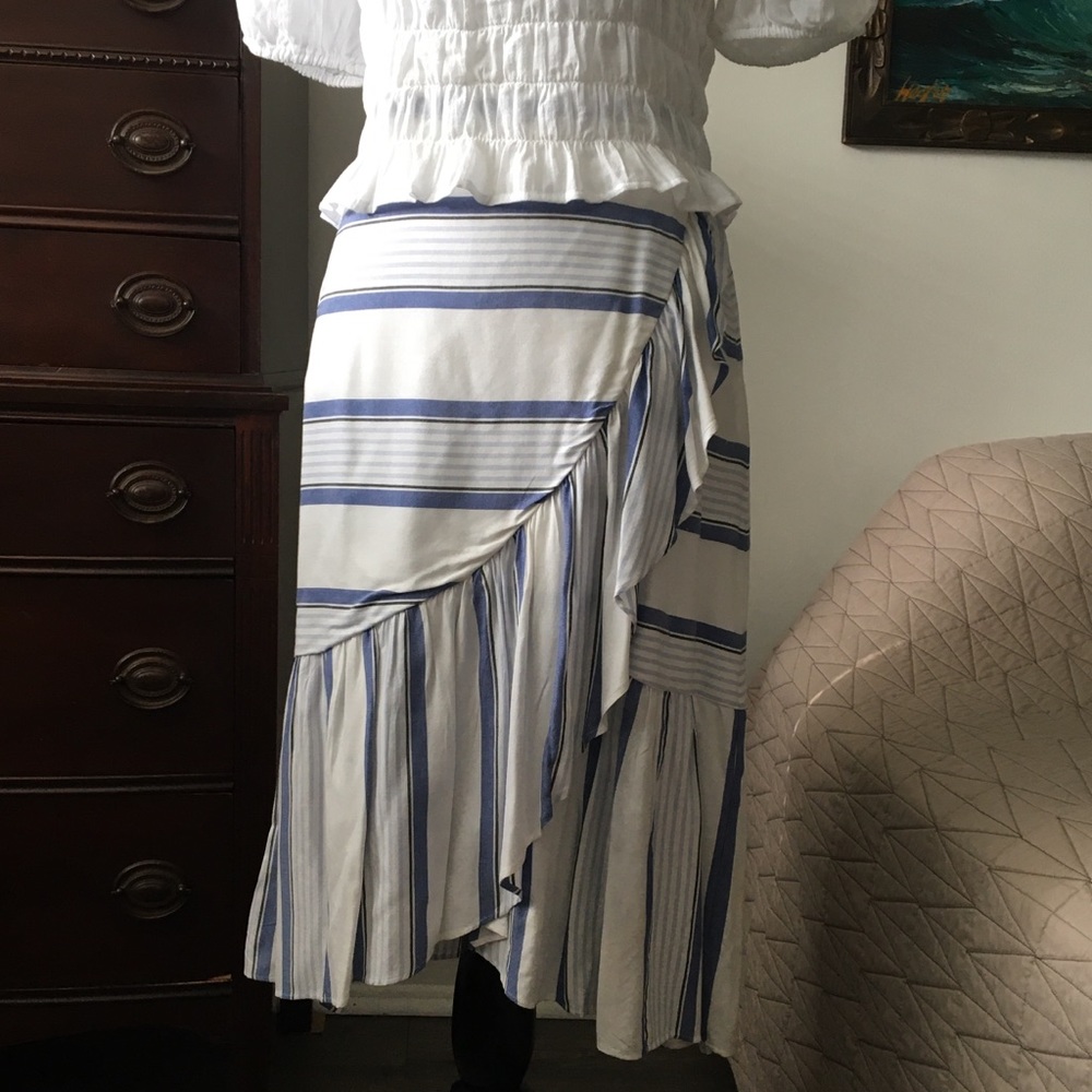 LOFT Striped Ruffle Skirt Cottagecore Spring Faux Wrap Skirt - Picture 4 of 7